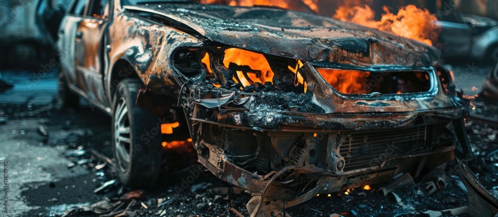 Totally destroyed car with combustion engine. Totally destroyed car with combustion engine.