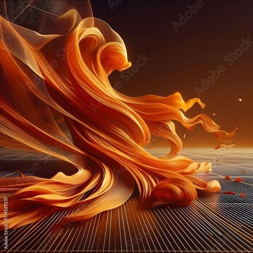 abstract background with fire on Striped flooring. Sculpted Elegance. Immerse yourself in the tactile luxury of this extraordinary photograph featuring wavy orange silk fabric. Made by AI