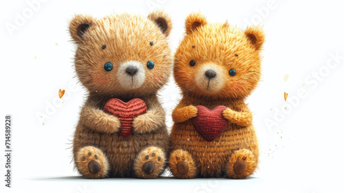 Two Fluffy Teddy Bears Clutching Red Hearts, White Background Illustration © oxart_studio