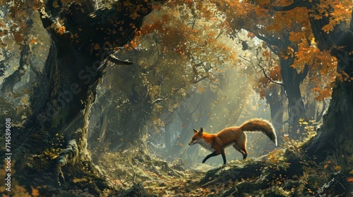  a painting of a red fox running through a forest with leaves on the ground and trees with yellow leaves on the ground and leaves on the ground and on the ground.