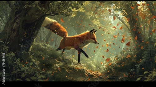  a painting of a fox running through a forest with leaves falling from the trees and leaves falling from the trees and leaves falling from the trees are falling from the trees. © Olga
