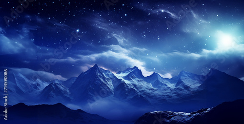 stunning view with snowy mountains starry dark, Mountain landscape with snow and stars.Snowy mountains at night with starry sky.