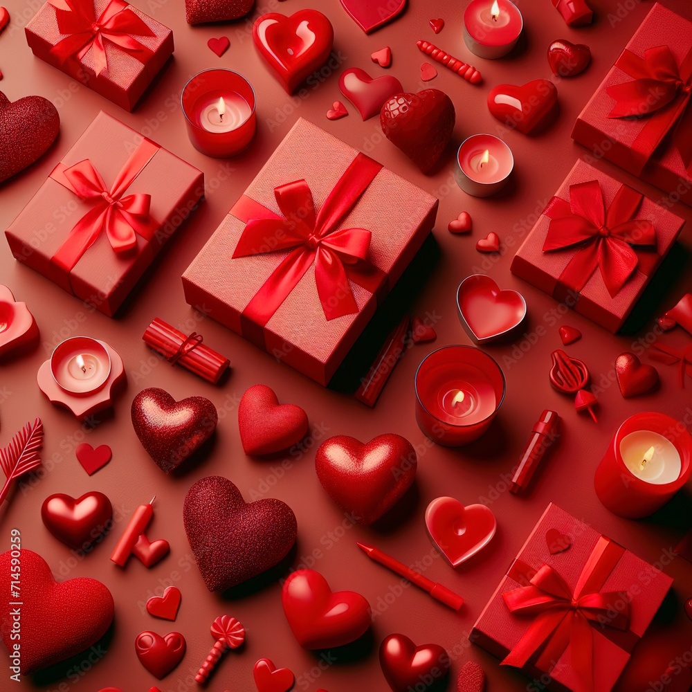 Red solid background with red hearts, gifts and candles. The concept of Valentine Day