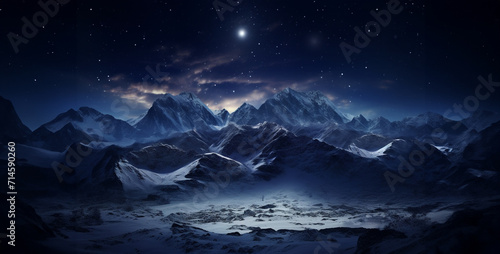 stunning view with snowy mountains starry dark, Mountain landscape with snow and stars.Snowy mountains at night with starry sky.