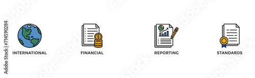 IFRS banner web for international financial reporting standards with icon of global, network, money, documents, books, and writing
