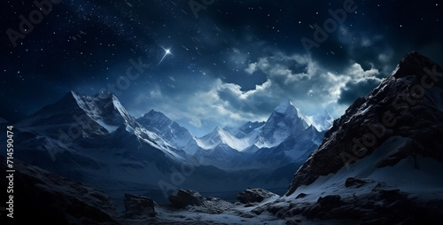 stunning view with snowy mountains starry dark, Mountain landscape with snow and stars.Snowy mountains at night with starry sky.Mountain landscape at night with stars and moon © Kashif Ali 72