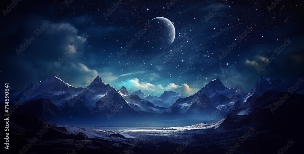stunning view with snowy mountains starry dark, Mountain landscape with snow and stars.Snowy mountains at night with starry sky.Mountain landscape at night with stars and moon