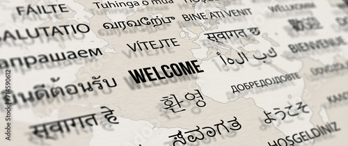 Welcome in different language on paper with world map background. Depth of field image. Words cloud concept. photo