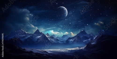 stunning view with snowy mountains starry dark  Mountain landscape with snow and stars.Snowy mountains at night with starry sky.Mountain landscape at night with stars and moon