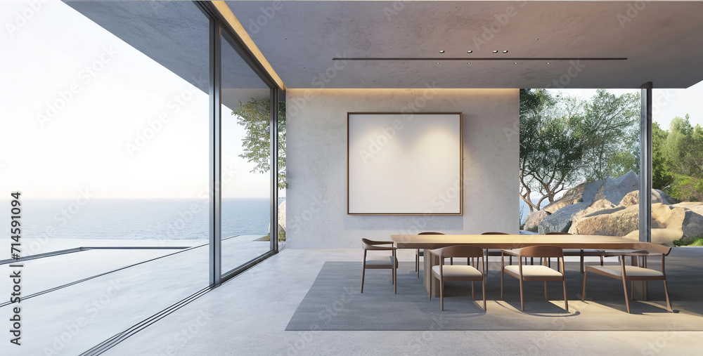 Interior of modern dining room with concrete walls, concrete floor, panoramic window with sea view and mock up poster frame. 3d rendering