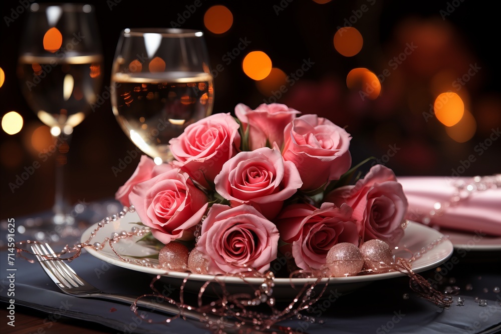 Festively decorated table with decorative bouquet of pink roses in plate, wine glasses in background Festively decorated table with decorative bouquet of pink roses in plate, wine glasses in background