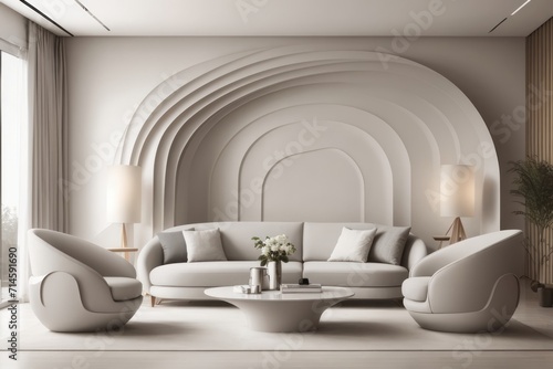 Interior home design of modern living room with curved gray sofa and beige armchair against abstract wavy wall © Basileus
