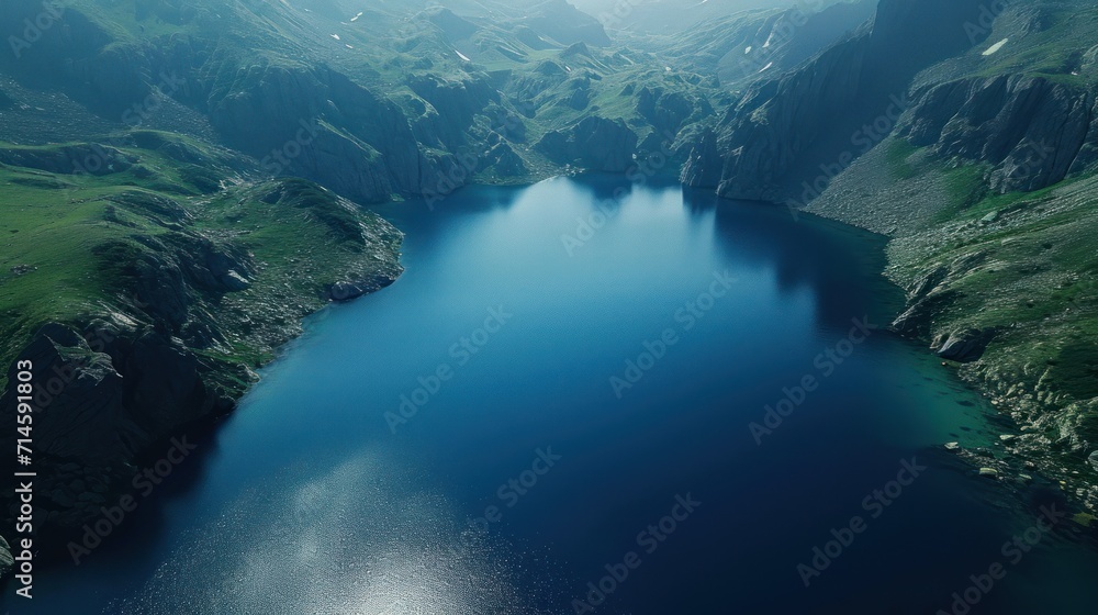 Fototapeta premium a large body of water surrounded by lush green hills and a blue body of water surrounded by lush green hills and a blue body of water in the middle of water.