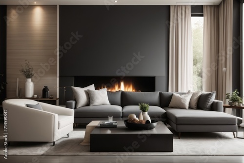 Classic Interior home design of modern living room with gray sofa and table with fireplace and dark wall