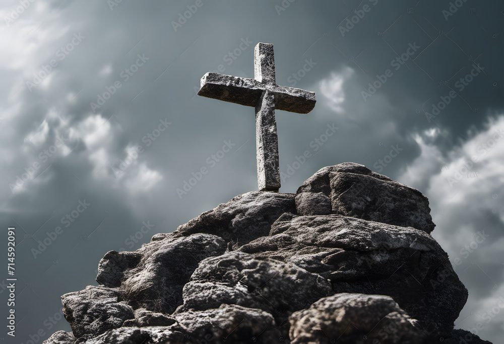 Christian stone cross on the stone. Holy cross symbolizing the death and resurrection of Jesus Christ. Christian stone cross on the stone. Holy cross symbolizing the death and resurrection of Jesus Christ.