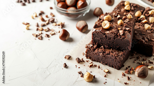 Raw chocolate brownies cake with hazelnuts on rustic wooden . Ai Generative photo