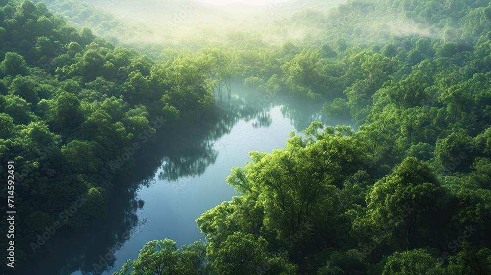  a river surrounded by lush green trees in the middle of a forest filled with lots of green trees on both sides of the river, and a foggy sky in the background.