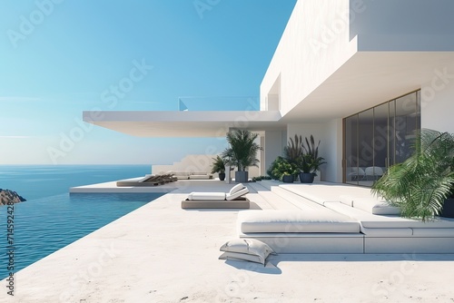 Luxury Seaside Living Room: White Elegance,Oceanview Elegance: White Terrace Retreat,White Living Room Paradise: Seafront Luxury © ChickyKai