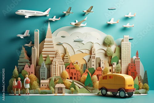 Travel around the world banner design by paper cut, minimal flat design style, journey, vacation, tourist concept, papercut illustration