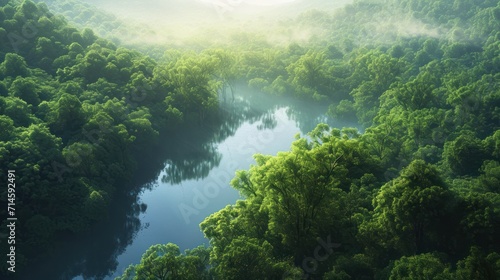  a river surrounded by lush green trees in the middle of a forest filled with lots of green trees on both sides of the river, and a foggy sky in the background. © Olga