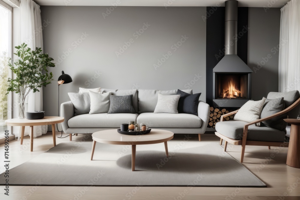 Scandinavian interior home design of modern living room with gray sofa and round table with fireplace and gray wall Scandinavian interior home design of modern living room with gray sofa and round table with fireplace and gray wall