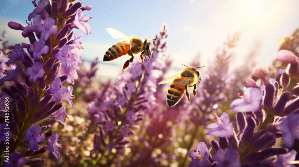 A field of flowers with honeybees busily collecting nectar, busy bees and blooming plants. A field of flowers with honeybees busily collecting nectar, busy bees and blooming plants.