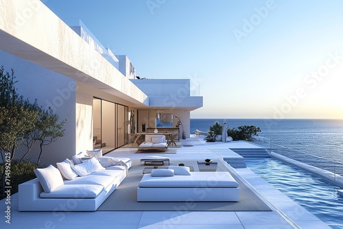 Luxury Seaside Living Room  White Elegance Oceanview Elegance  White Terrace Retreat White Living Room Paradise  Seafront Luxury