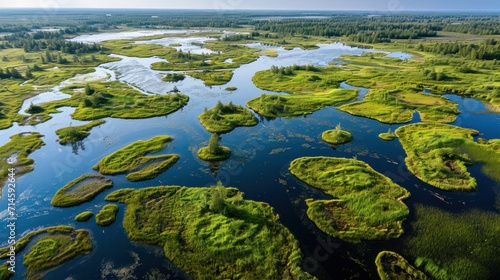  an aerial view of a large body of water surrounded by lush green fields and trees on both sides of the water is a large body of water surrounded by land. © Olga