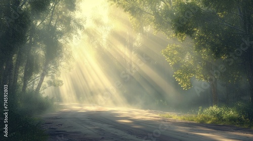  a dirt road in the middle of a forest with sunlight streaming through the trees on either side of the road and the sun shining through the trees on the other side of the road.