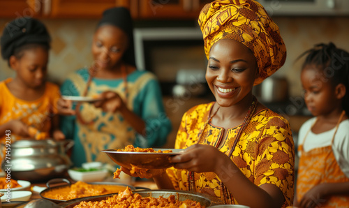 Happy nigerian family wearing native atire having dinner in a kitchen dining room, the mother is dishing from s serving dish. photo