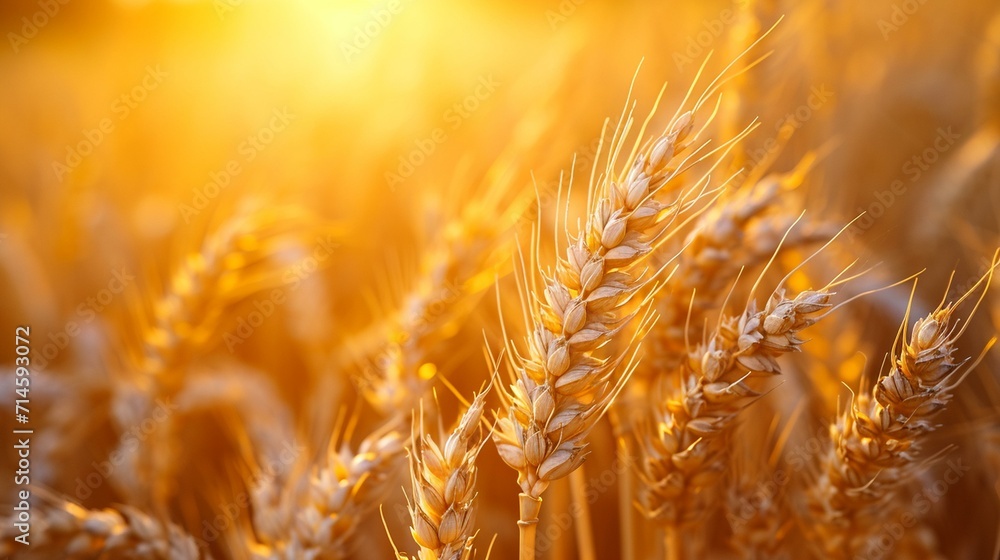 Close-up of golden wheat spikelets in a sunlit field. [Golden wheat spikelets in sunlit field Close-up of golden wheat spikelets in a sunlit field. [Golden wheat spikelets in sunlit field