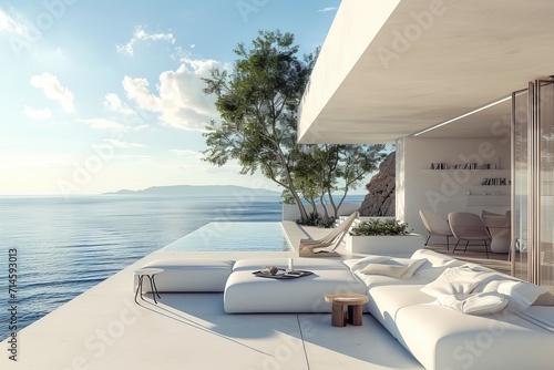 Luxury Seaside Living Room: White Elegance,Oceanview Elegance: White Terrace Retreat,White Living Room Paradise: Seafront Luxury © ChickyKai
