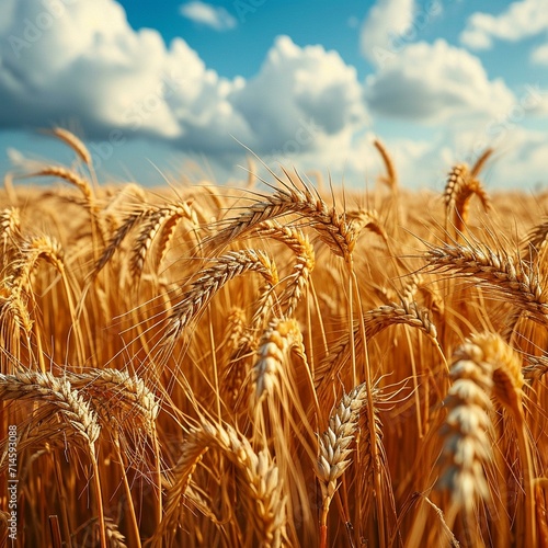 Panoramic view of a vast wheat field with mature spikelets swaying in the breeze. [Panoramic view of wheat field with mature spikelets