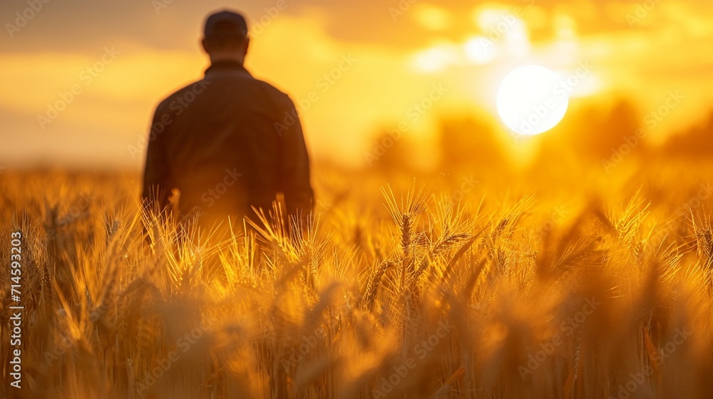 A farmer's silhouette standing proudly in a field of mature wheat spikelets. [Farmer in field of mature wheat spikelets