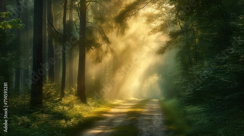  a dirt road in the middle of a forest with sunbeams shining through the trees on either side of the road is a dirt road that leads to a forest.