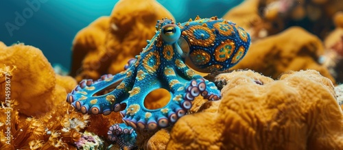 Blue-ring octopus resting on coral. photo