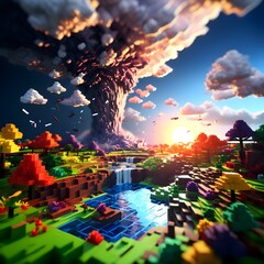 Rollo Minecraft Voxel-Tornado über Blockwelt-Landschaft  © Janis