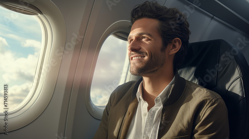 portrait of a man in the airplane, handsome american caucasian white male model in a plane sitting near window
