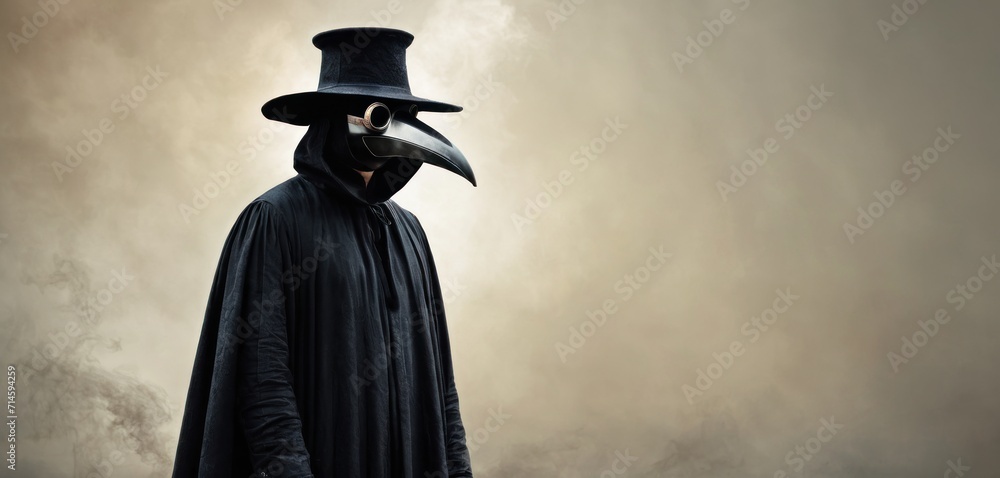  a man wearing a black mask and a long black coat with a black hat and a long black coat with a long black coat and a long black top hat.