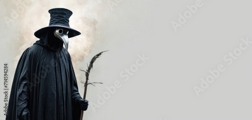  a statue of a man in a black cloak and top hat holding a stick with smoke coming out of the top of his head and a tree branch in front of him.