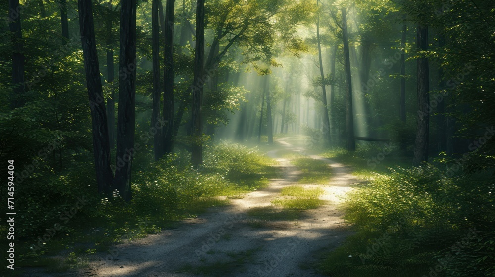  a dirt road in the middle of a forest with sunlight streaming through the trees on either side of the dirt road and the sun shining through the trees on the other side.