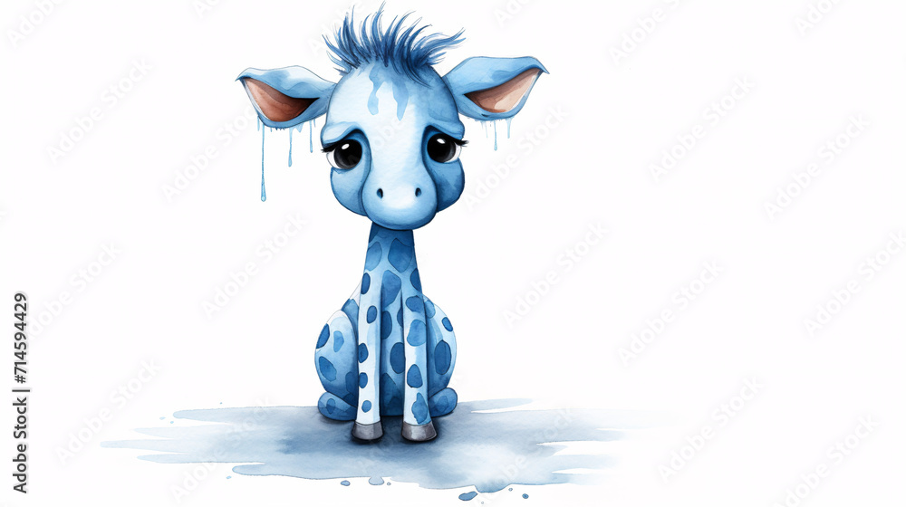 Illustration of a cute blue baby giraffe on a white background