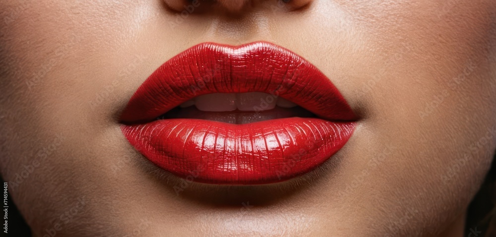  a close up shot of a woman's lips with bright red lipstick on her cheek and her hand on the lip of the woman's cheek's cheek '. - obrazy, fototapety, plakaty 