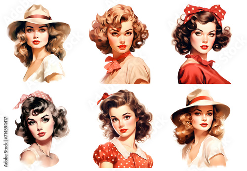 Set of drawings of vintage girls on a white background
