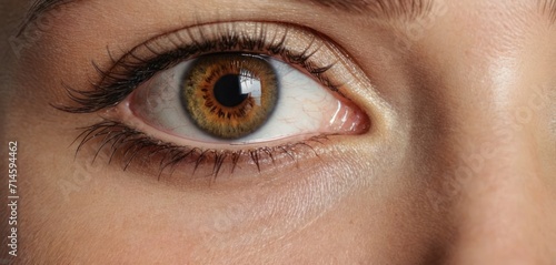  a close up of a person s eye with a brown and yellow colored iris and a black and white stripe around the center of the iris of the eye.