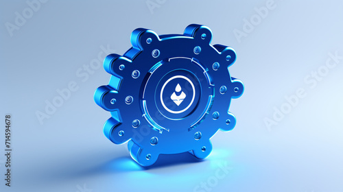 3d rendering of gear wheel with ethereum symbol on blue background