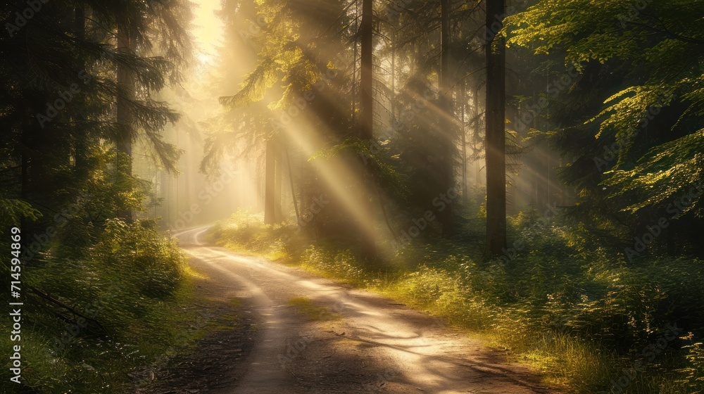 Naklejka premium a dirt road in the middle of a forest with sunbeams shining through the trees on either side of the road and on the other side of the road.