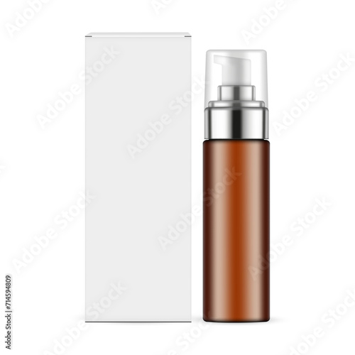 Amber Airless Pump Bottle With Transparent Cap, Paper Packaging Box. Vector Illustration