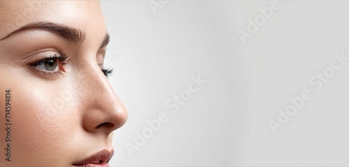  a close up of a woman's face with her eyes closed and her nose to the side, with a white background and a white wall in the background.