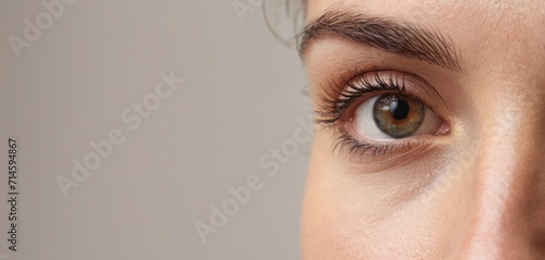  a close up of a woman's eye with long lashes and brown eyeshadow, looking straight ahead, to the left of the camera, with a gray background. photo